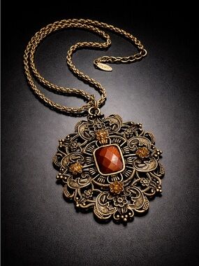 VCLM Statement Necklace Antiqued Gold Tone Large Pendant Boho Vintage Style